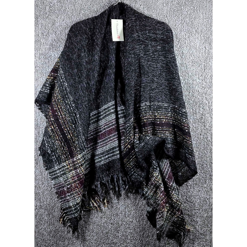 Pinklishous Oversized Knit Poncho Shawl Wrap Fringe Charcoal Gray